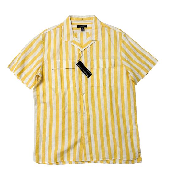 NWT Banana Republic Stripe Resort Shirt Linen Cotton Yellow White Striped M Tall - Picture 2 of 8